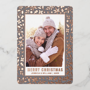 Elegant Christmas Foliage 2 Photo Rose Gold Foil Holiday Card
