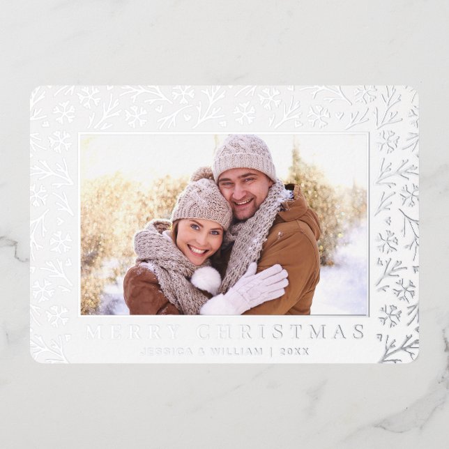 Elegant Christmas Foliage 2 Photo Silver Foil Holiday Card (Front)