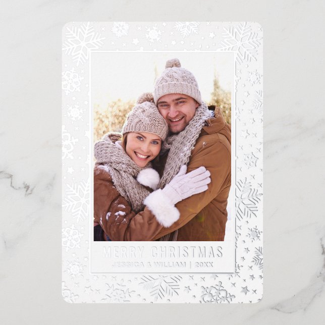 Elegant Christmas Foliage 2 Photo Silver Foil Holiday Card (Front)