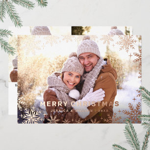 Elegant Christmas Foliage 3 Photo Rose Gold Foil Holiday Card