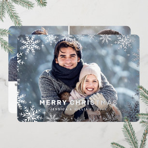 Elegant Christmas Foliage 3 Photo Silver Foil Holiday Card