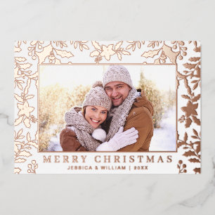 Elegant Christmas Foliage Photo Rose Gold Foil Holiday Card