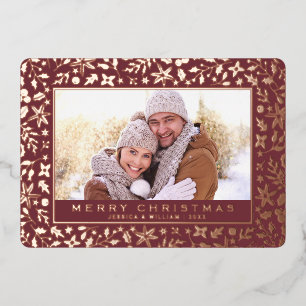 Elegant Christmas Foliage Photo Rose Gold Foil Holiday Card