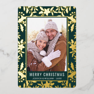 Elegant Christmas Foliage Photo Rose Gold Foil Holiday Card
