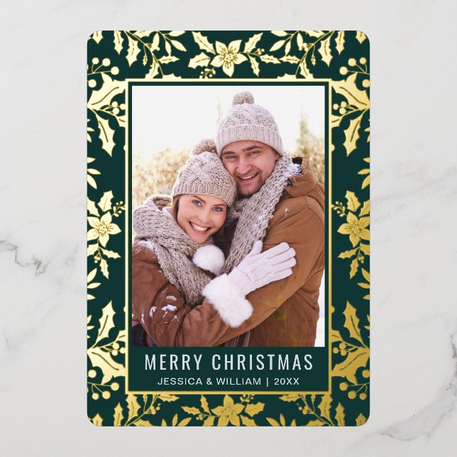 Elegant Christmas Foliage Photo Rose Gold Foil Holiday Card (Front)