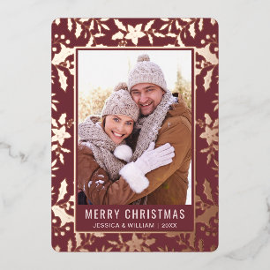 Elegant Christmas Foliage Photo Rose Gold Foil Holiday Card