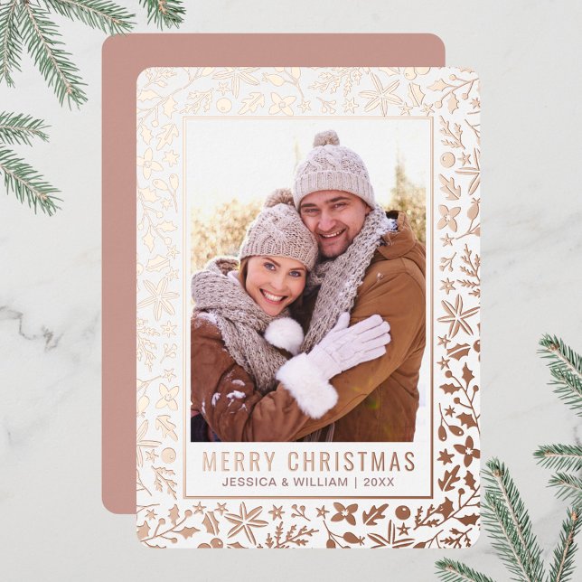 Elegant Christmas Foliage Photo Rose Gold Foil Holiday Card (Creator Uploaded)