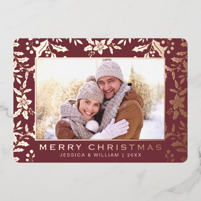Elegant Christmas Foliage Photo Rose Gold Foil Holiday Card (Front)