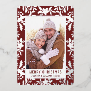 Elegant Christmas Foliage Photo Silver Foil Holiday Card