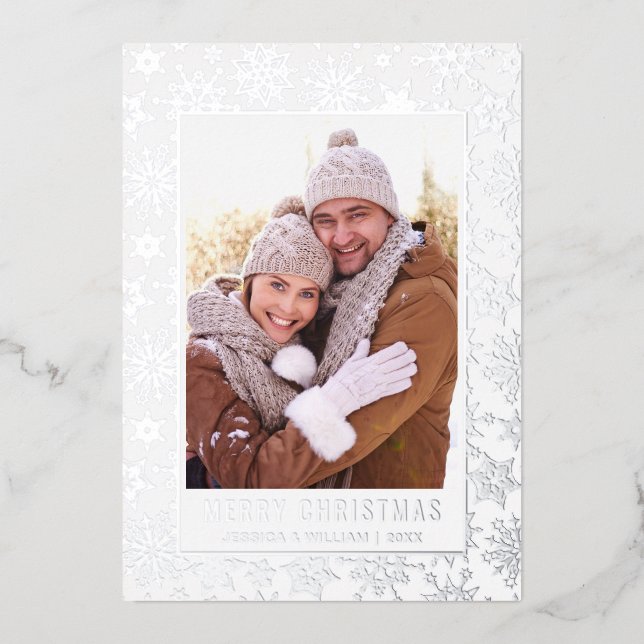Elegant Christmas Foliage Photo Silver Foil Holiday Card (Front)