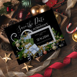 Elegant Christmas Frame Save The Date Postcard<br><div class="desc">Elegant christmas save the date card,  featuring a christmas frame of presents,  a variety of gold baubles,  ribbons,  bows and christmas tree branches. The postcard has a classic black background and a modern white text template which is easy to personalize.</div>