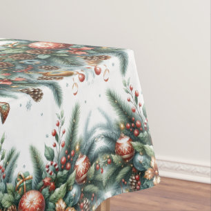 Elegant Christmas Garland Greenery on White  Tablecloth
