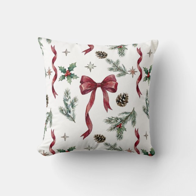 Elegant Christmas Gift Bow Ribbon Botanical Throw Pillow (Front)