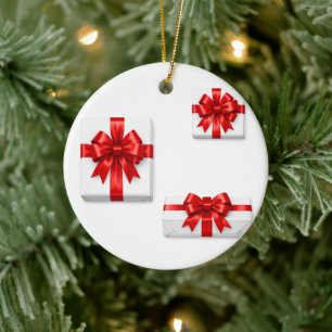 Elegant Christmas Gift Boxes and Red Bows Ceramic Ornament