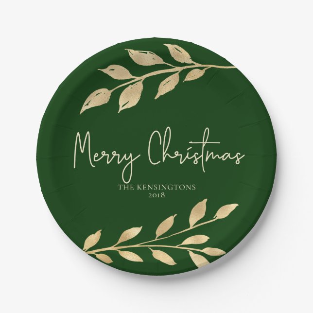 Elegant Christmas Gold Leaves Forest Green Paper Plate (Front)