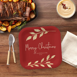 Elegant Christmas Gold Leaves on Holiday Red Paper Plate