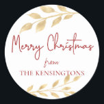 Elegant Christmas Gold Leaves Typography Classic Round Sticker<br><div class="desc">Elegant Christmas Gold Leaves Typography Holiday Sticker Labels. Designed to complement our Elegant Gold Leaves Christmas collection,  these label stickers feature a stylish typography greeting and modern gold foil style botanical leaves.</div>