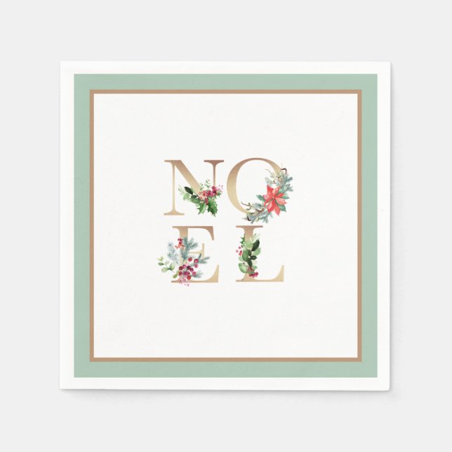 Elegant Christmas Gold Noel Greenery Berries Green Napkin (Front)