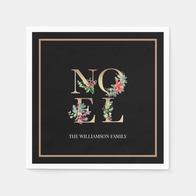 Elegant Christmas Gold Noel Greenery Berries Napkin (Front)
