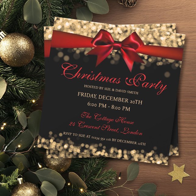 Elegant Christmas Gold Shimmer Lights Ribbon Invitation (Elegant Christmas Gold Shimmer Lights Ribbon Invitation)