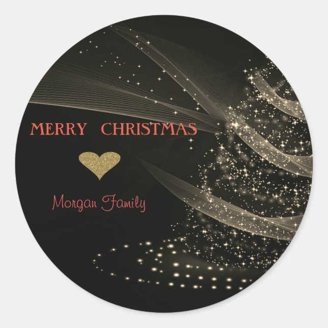 Elegant Christmas Gold Tree, Black Classic Round Sticker (Front)