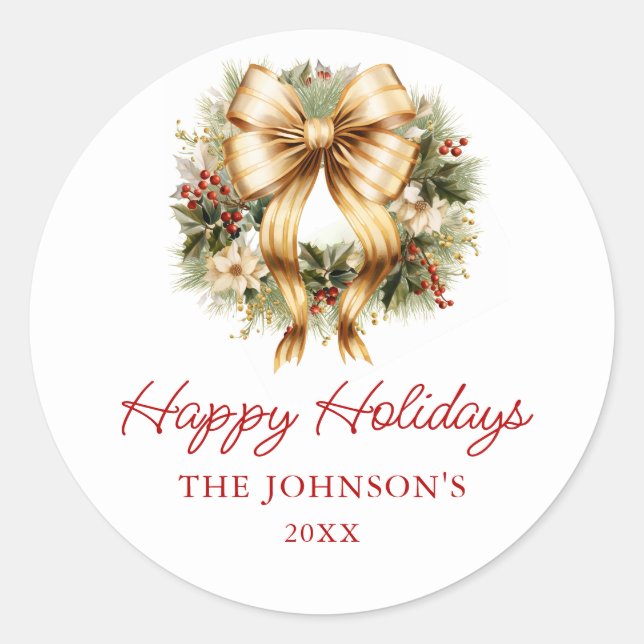 Elegant Christmas Gold Wreath Happy Holidays Classic Round Sticker (Front)