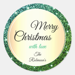Elegant Christmas Green Glitter Shimmery Stars Classic Round Sticker