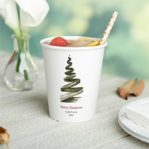 Elegant Christmas Green Tree Watercolour  Paper Cups