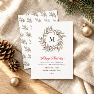 Elegant Christmas Greenery Monogram Wreath Holiday Card