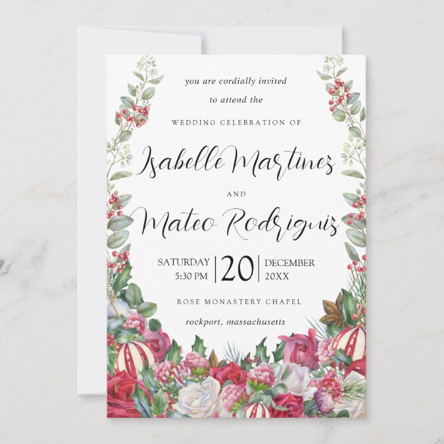 Elegant Christmas Greenery Red Floral Wedding Invitation (Front)