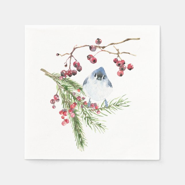 Elegant Christmas Greenery with Bird Napkin (Front)