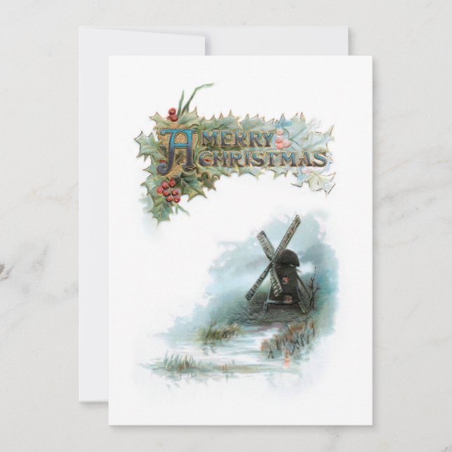 Elegant Christmas Greetings with Holly & Windmill Holiday Card (Front)