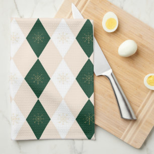 Elegant Christmas Harlequin Pattern with Snowflake Kitchen Towel