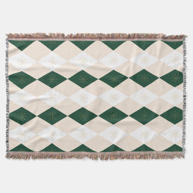 Elegant Christmas Harlequin Pattern with Snowflake Throw Blanket (Front)