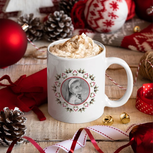 Elegant Christmas Holiday Greenery Custom Photo Coffee Mug (Red and green photo custom mug)