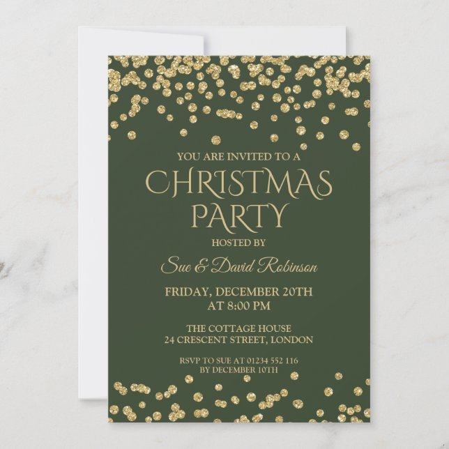 Elegant Christmas Holiday Party Gold Green Glitter Invitation (Front)