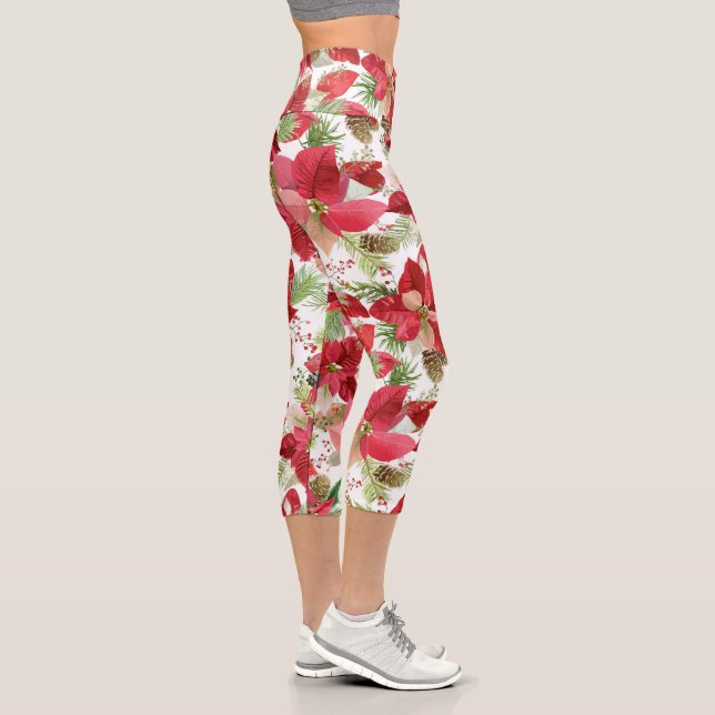 Elegant Christmas Holiday Poinsettia Pine Cone Capri Leggings (Right)