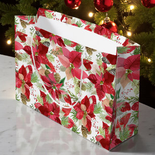 Elegant Christmas Holiday Poinsettia Pine Cone Large Gift Bag