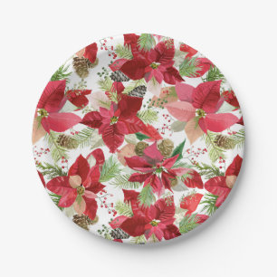Elegant Christmas Holiday Poinsettia Pine Cone Paper Plate