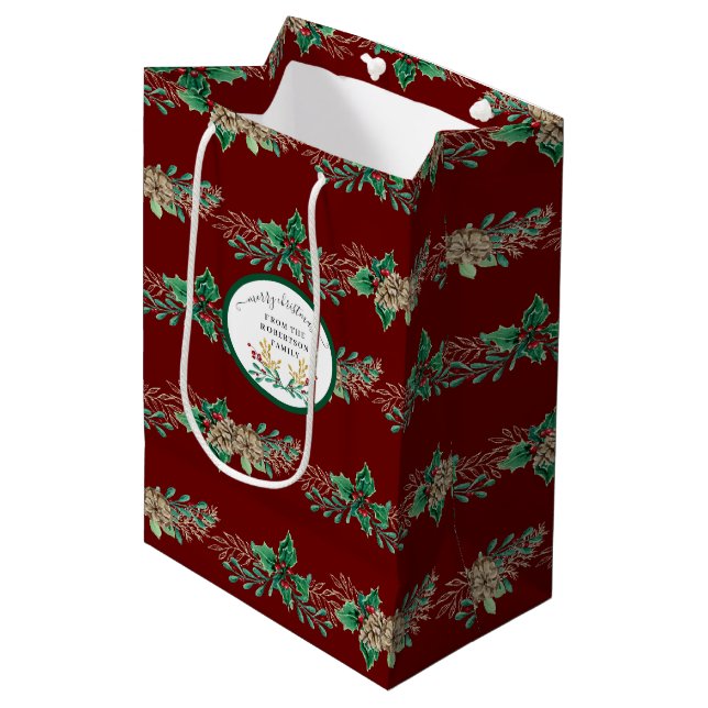 Elegant Christmas Holly Berry Burgundy Watercolor Medium Gift Bag (Front Angled)