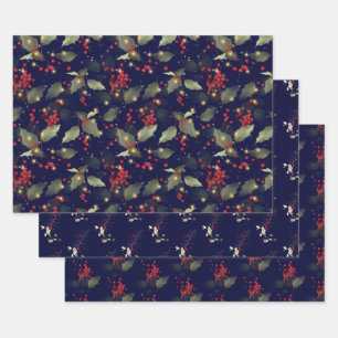 Elegant Christmas Holly Berry Eucalyptus Red Gold Wrapping Paper Sheet