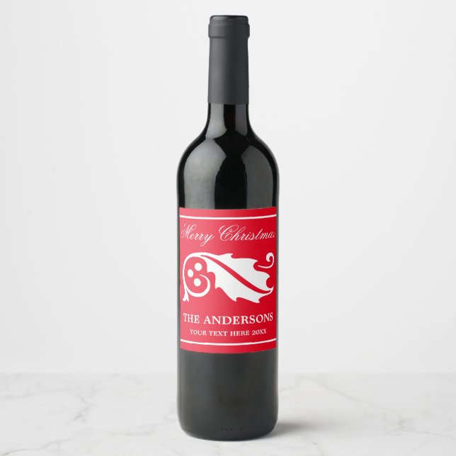 Elegant Christmas holly leaf personalized Holiday Wine Label (Front)
