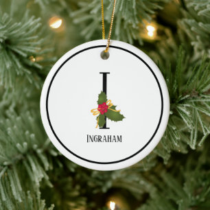 Elegant Christmas Holly Monogram Letter I Ceramic Ornament
