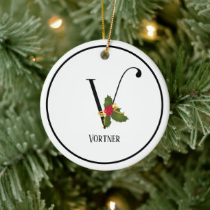 Elegant Christmas Holly Monogram Letter V Ceramic Ornament