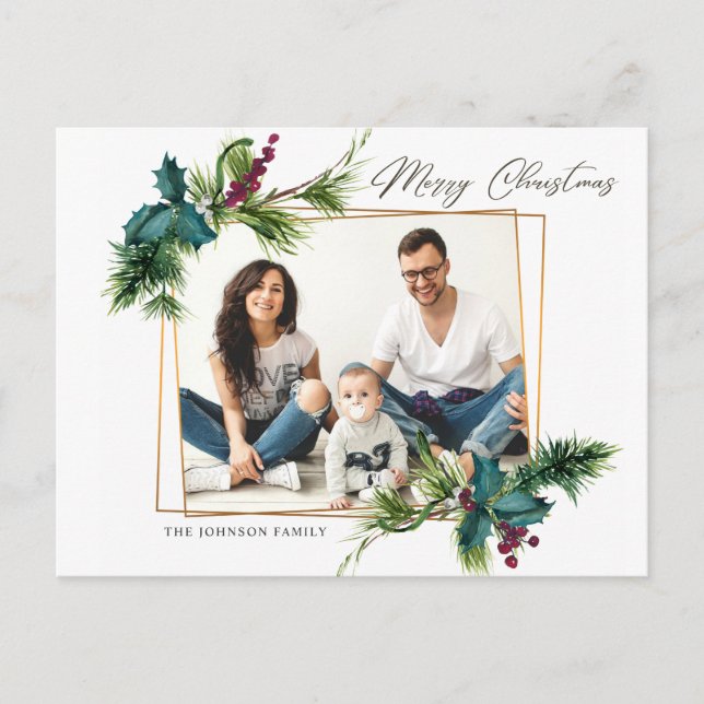 Elegant Christmas Holly Pine Frame Photo Greeting Postcard (Front)