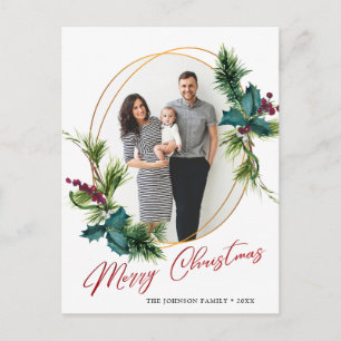 Elegant Christmas Holly Pine Frame Photo Greeting Postcard