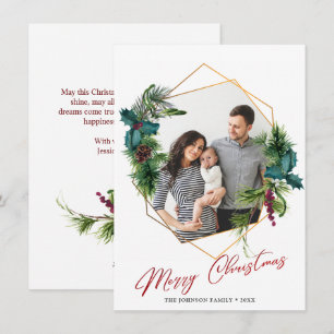 Elegant Christmas Holly Pine Photo Holiday Card