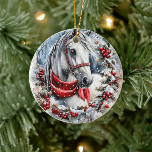 Elegant Christmas Horse with Winter Wreath  Ceramic Ornament