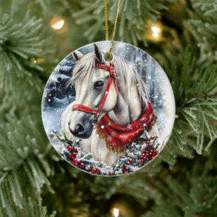 Elegant Christmas Horse with Winter Wreath  Ceramic Ornament