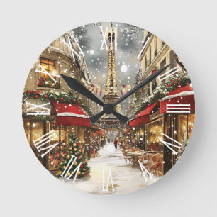 Elegant Christmas in Paris Holiday  Round Clock